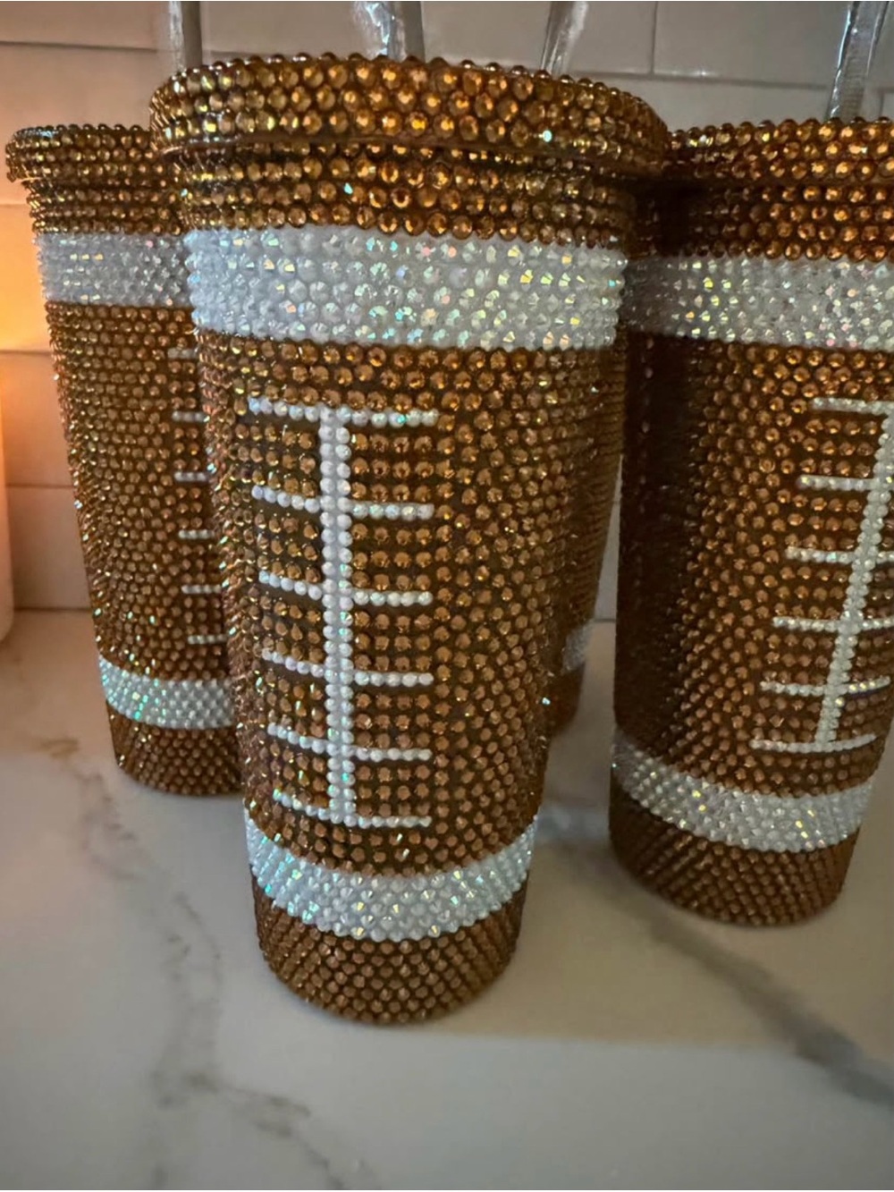 Crystal Football Tumbler - White and Brown Rhinestone Accent